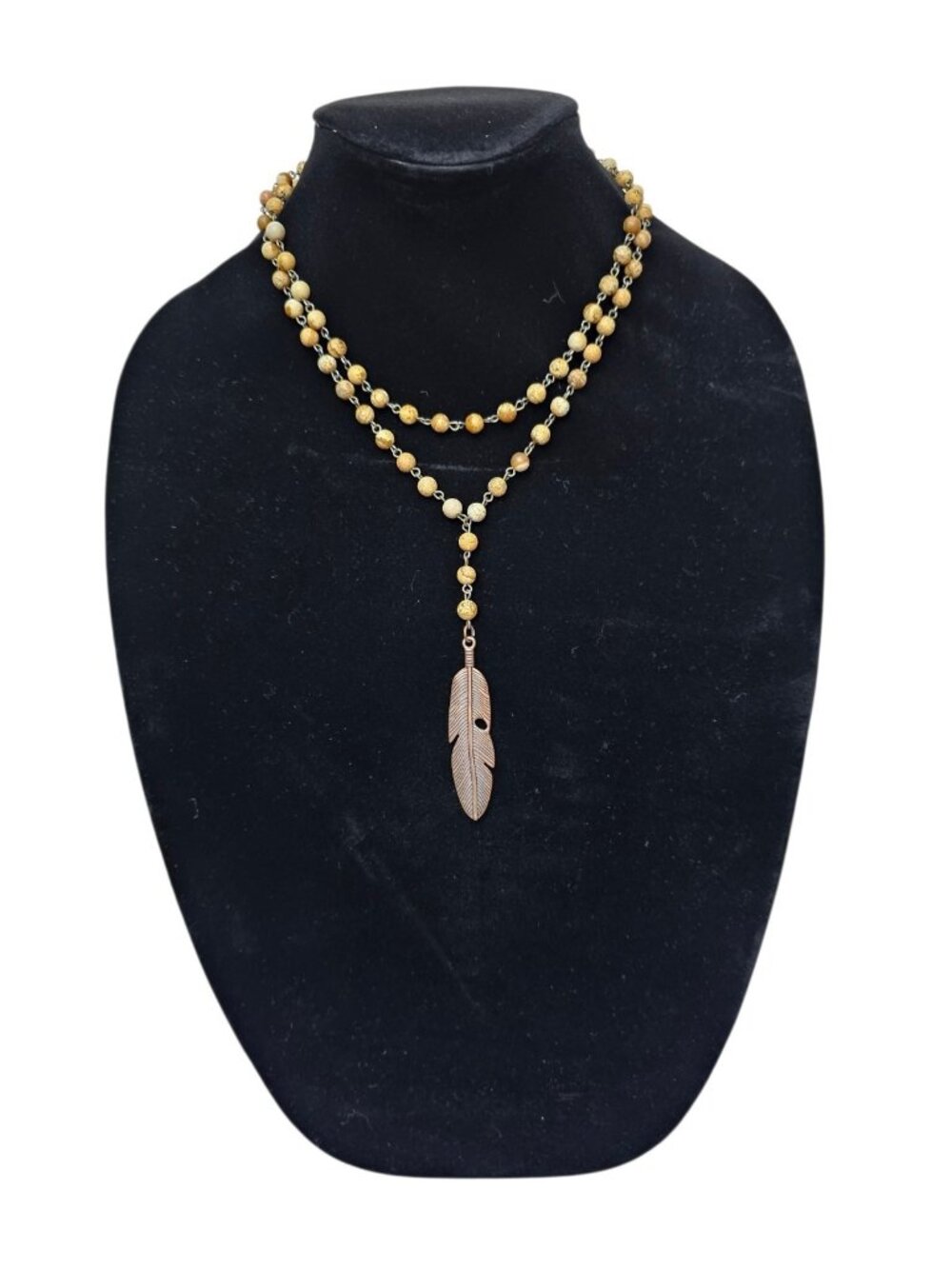 Boho Beaded Double Strand Necklace Feather Pendant Earth Tone Southwestern Y Dro